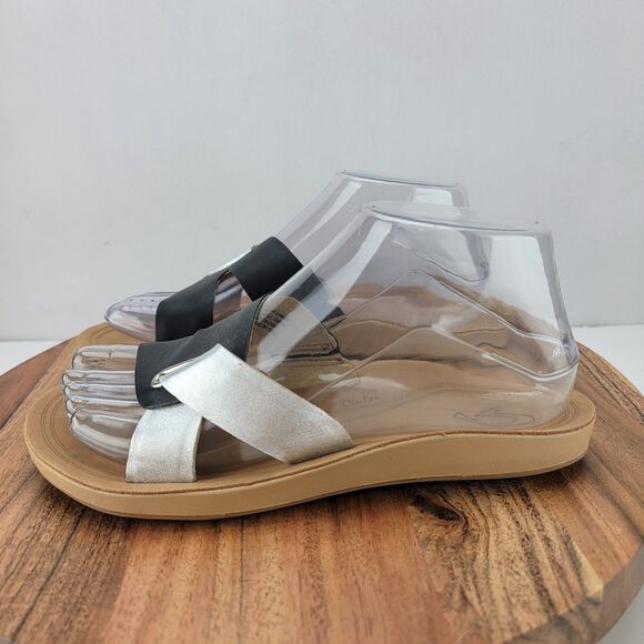 Olukai Nonohe Olu Womens Size 7 Black Silver Classic Leather Slide Sandals - Picture 1 of 9